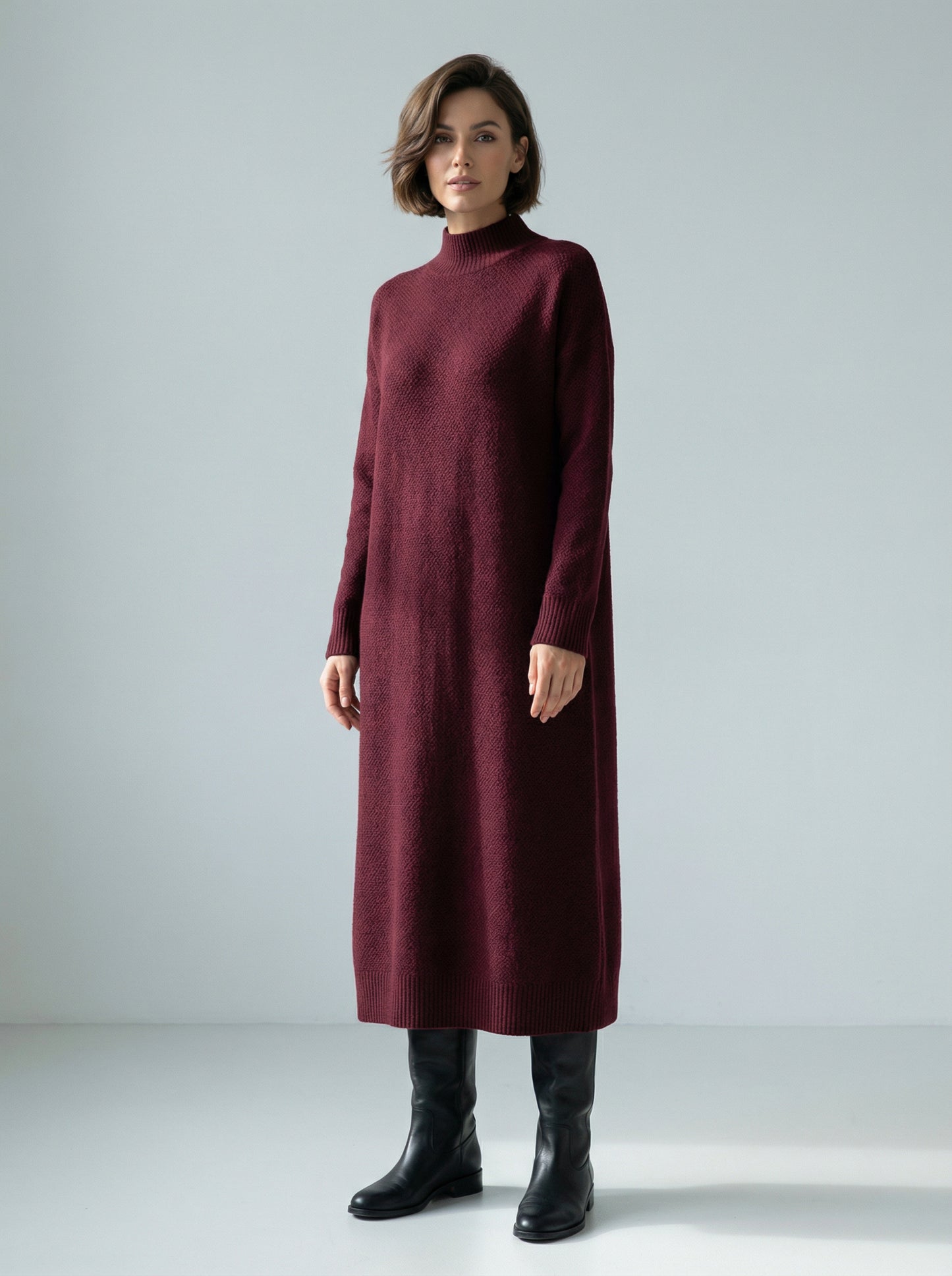 French Slim-Fit Knitted Dress with Half High Collar in Burgundy