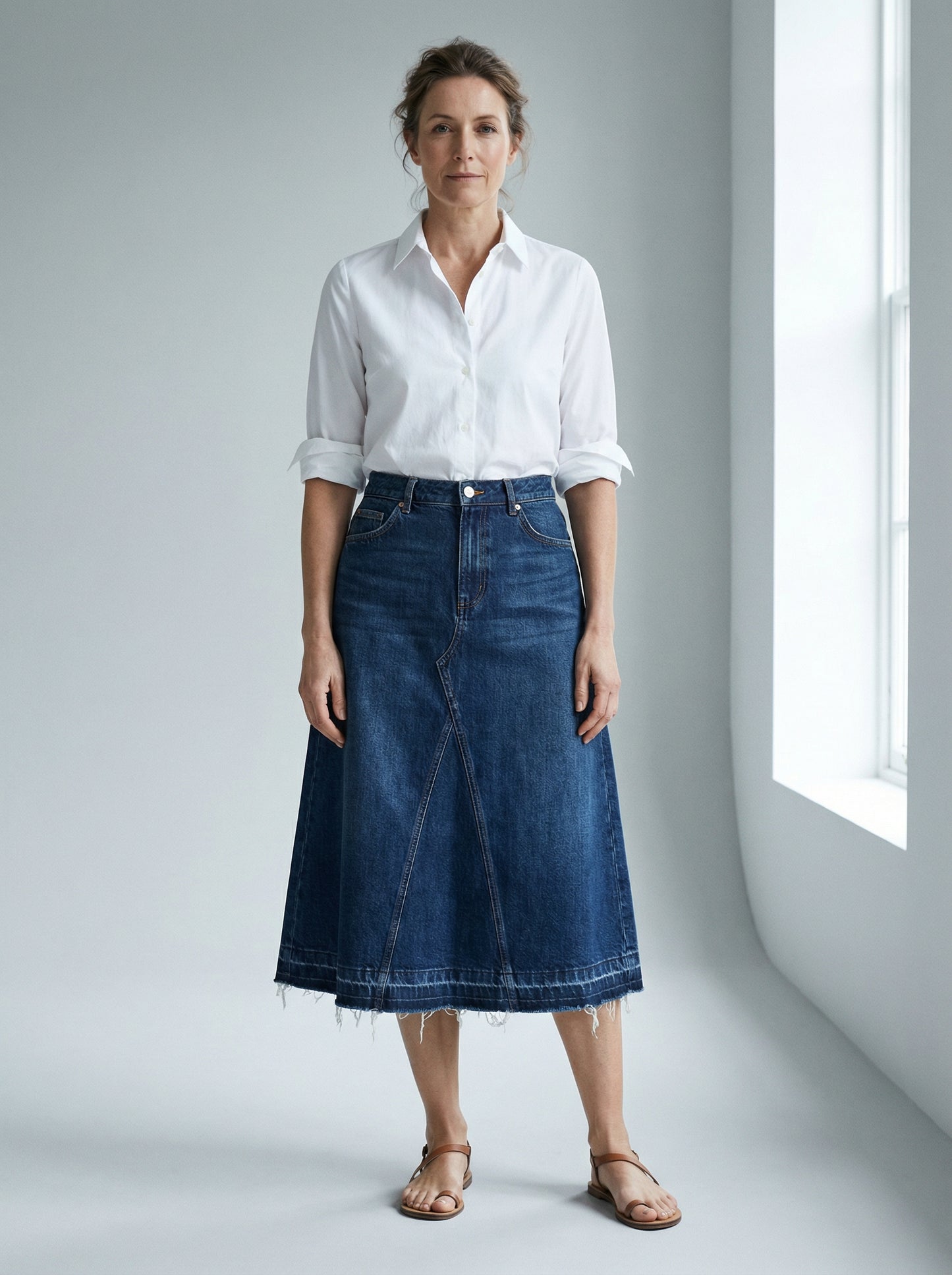 A-Line Denim Skirt with Distressed Hem