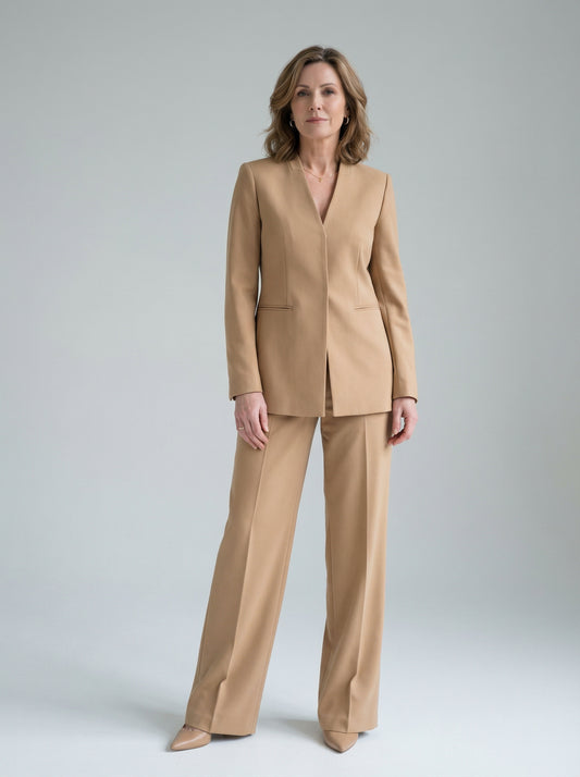 Minimalist V-Neck Blazer and Wide-Leg Trousers Set in Camel