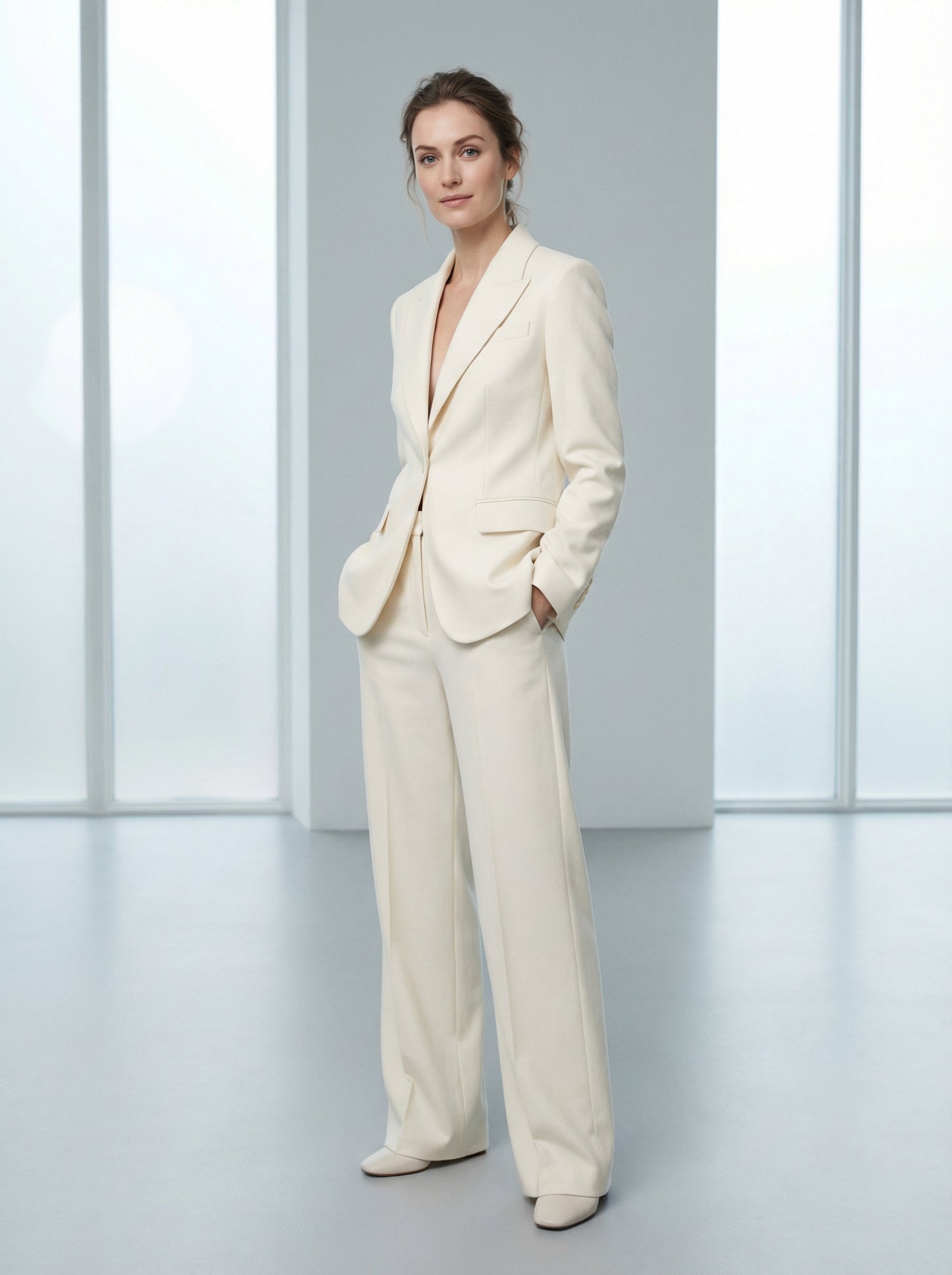 Loose Blazer and High-Waist Wide-Leg Trousers Set in Cream