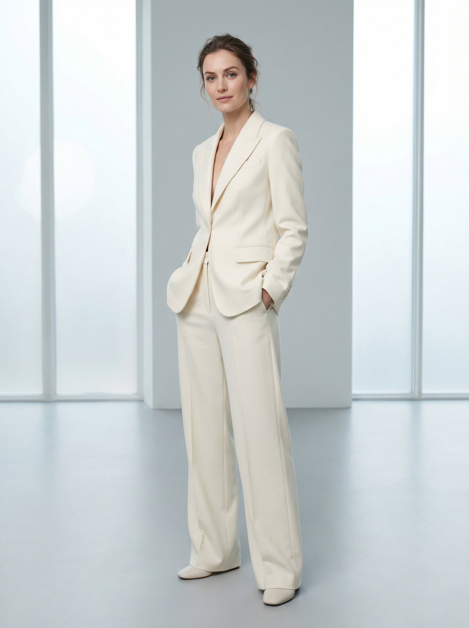 Loose Blazer and High-Waist Wide-Leg Trousers Set in Cream