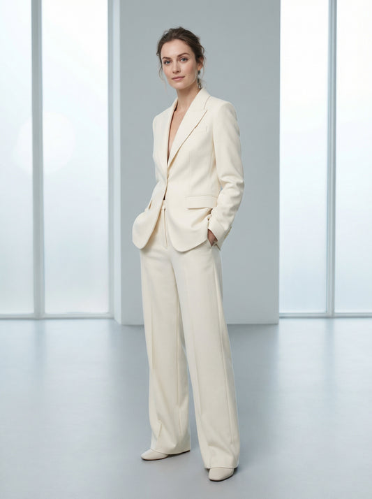 Loose Blazer and High-Waist Wide-Leg Trousers Set in Cream