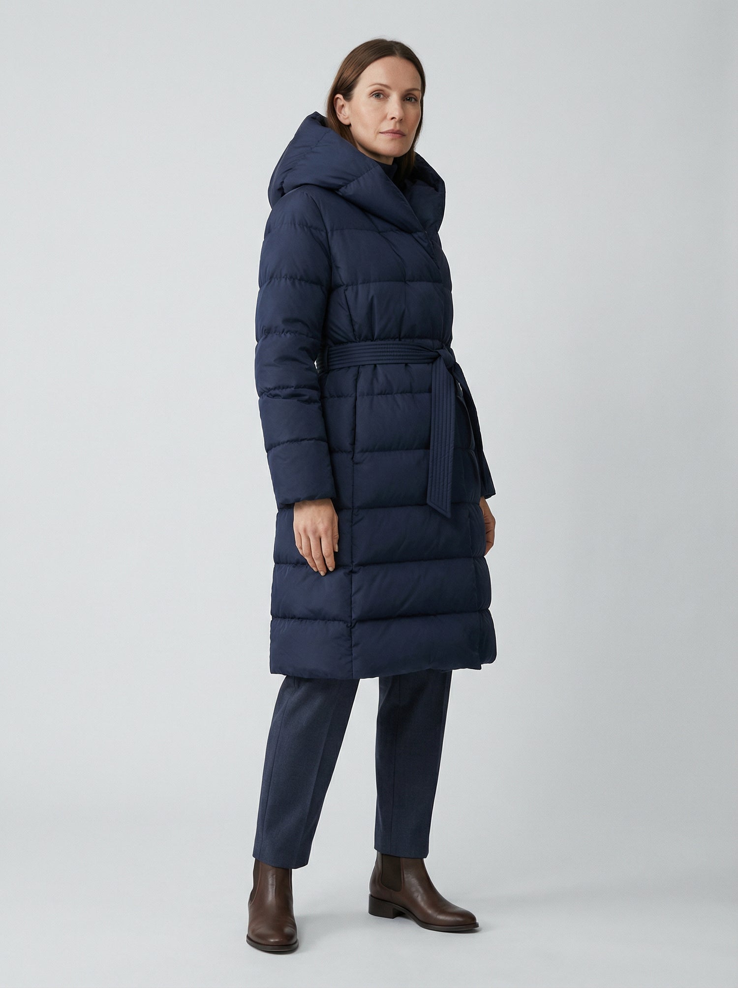 Thick Hooded Duck Down Jacket with Belt in Navy Blue