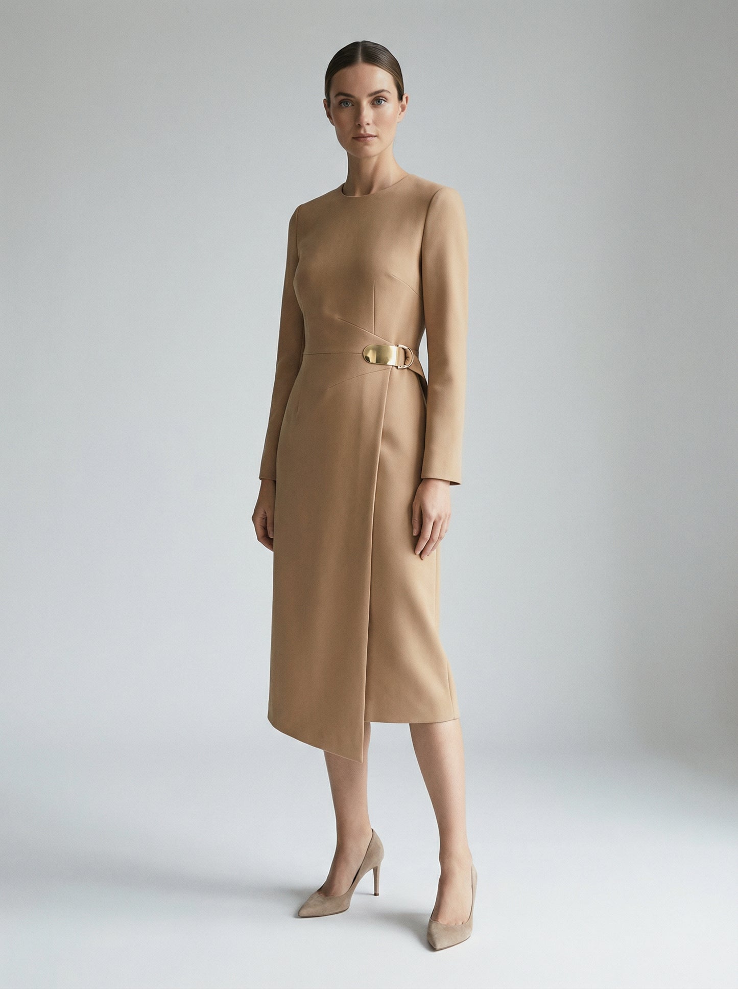 Asymmetrical Mid-Calf Dress with Metal Buckle Waist in Camel