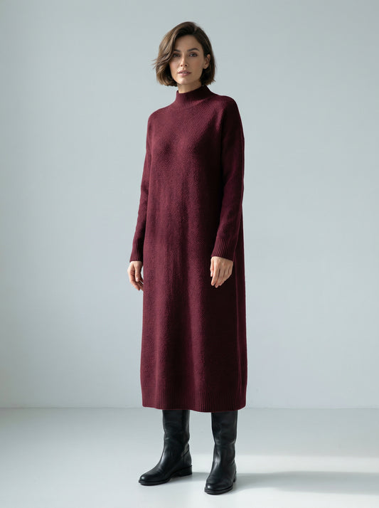 French Slim-Fit Knitted Dress with Half High Collar in Burgundy