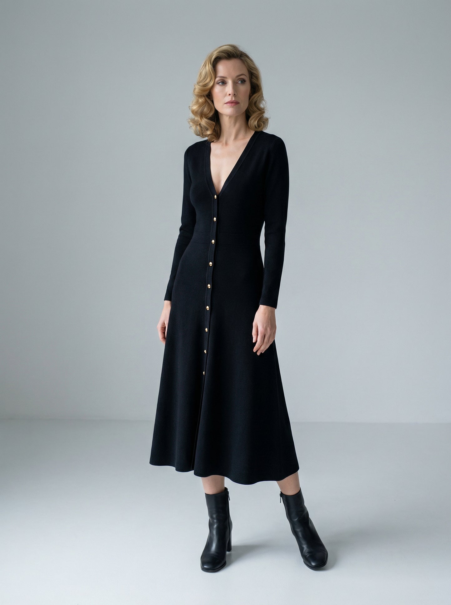 A-Line Knitted Dress with V-Neck and Button Details in Black