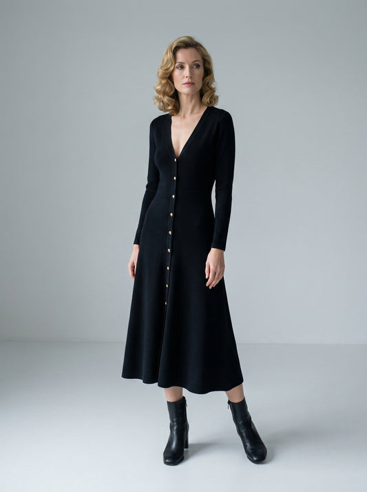 A-Line Knitted Dress with V-Neck and Button Details in Black