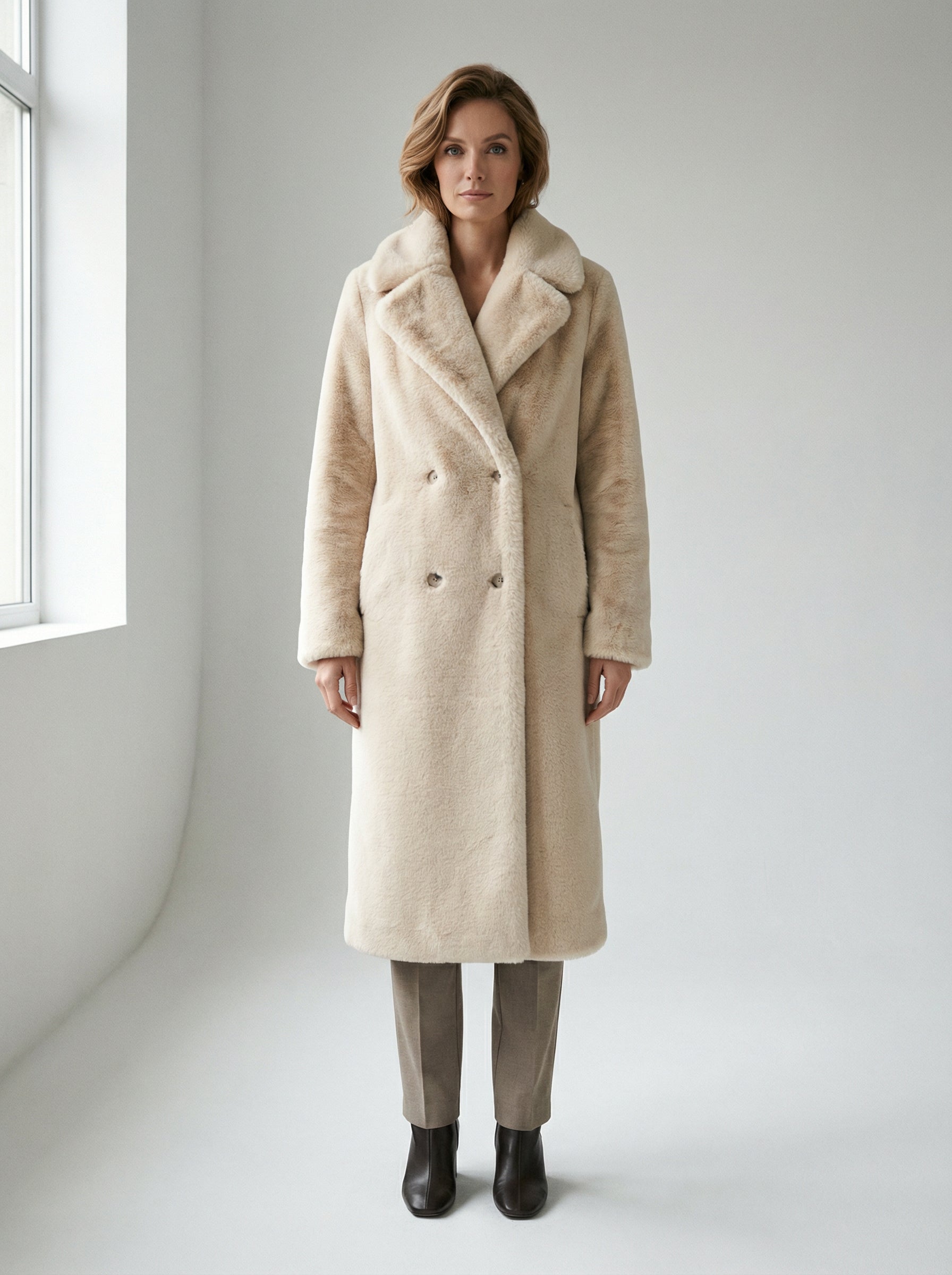 Faux Fur Double-Breasted Winter Coat in Cream Beige