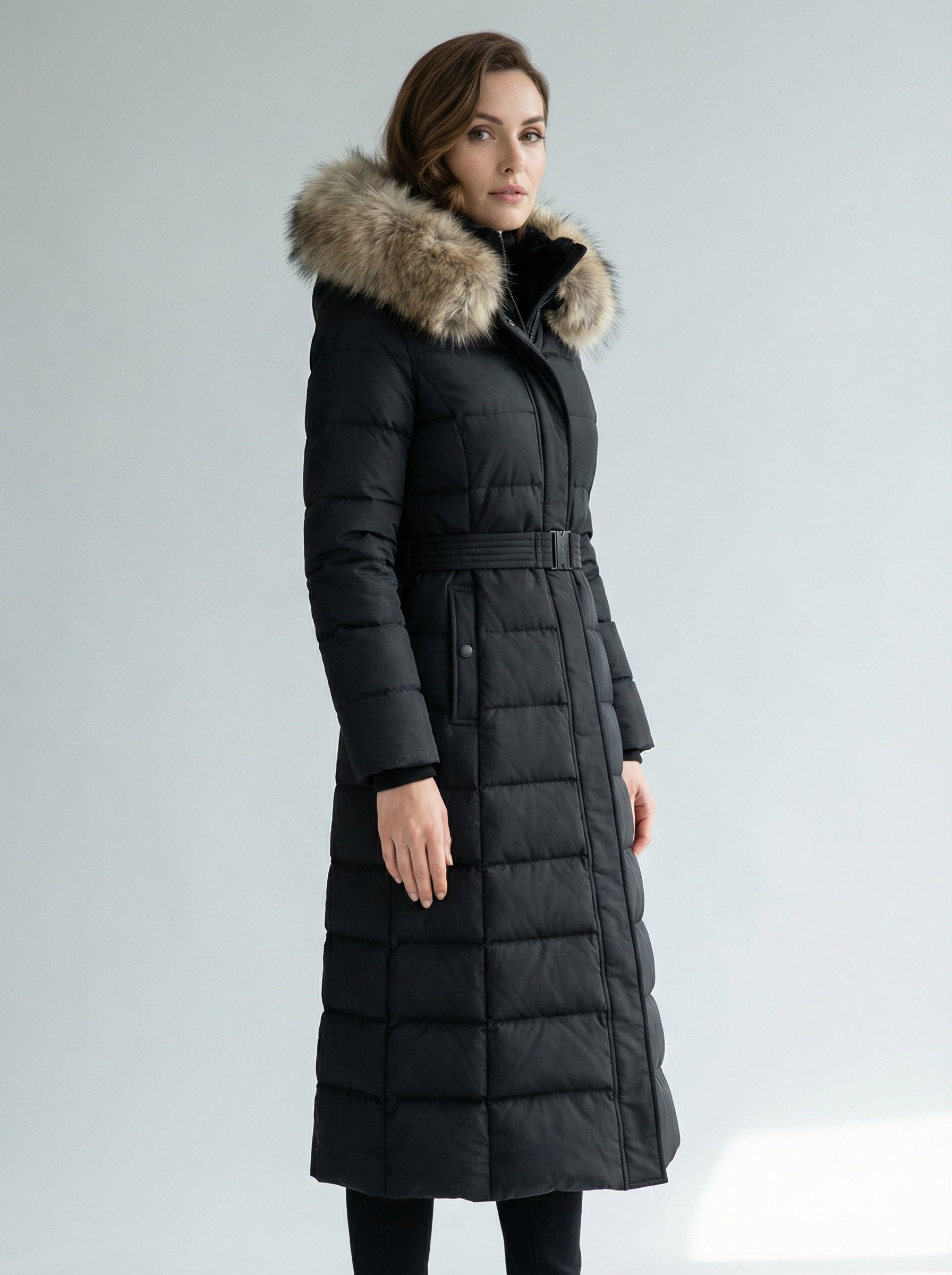 Long Hooded Puffer Coat with Removable Faux Fur Collar in Black