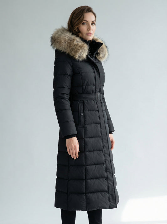 Long Hooded Puffer Coat with Removable Faux Fur Collar in Black