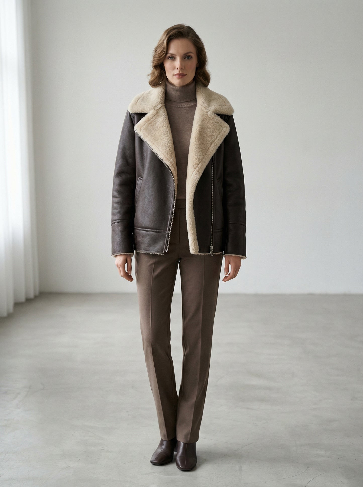 Faux Leather Jacket with Shearling Lapel in Dark Brown