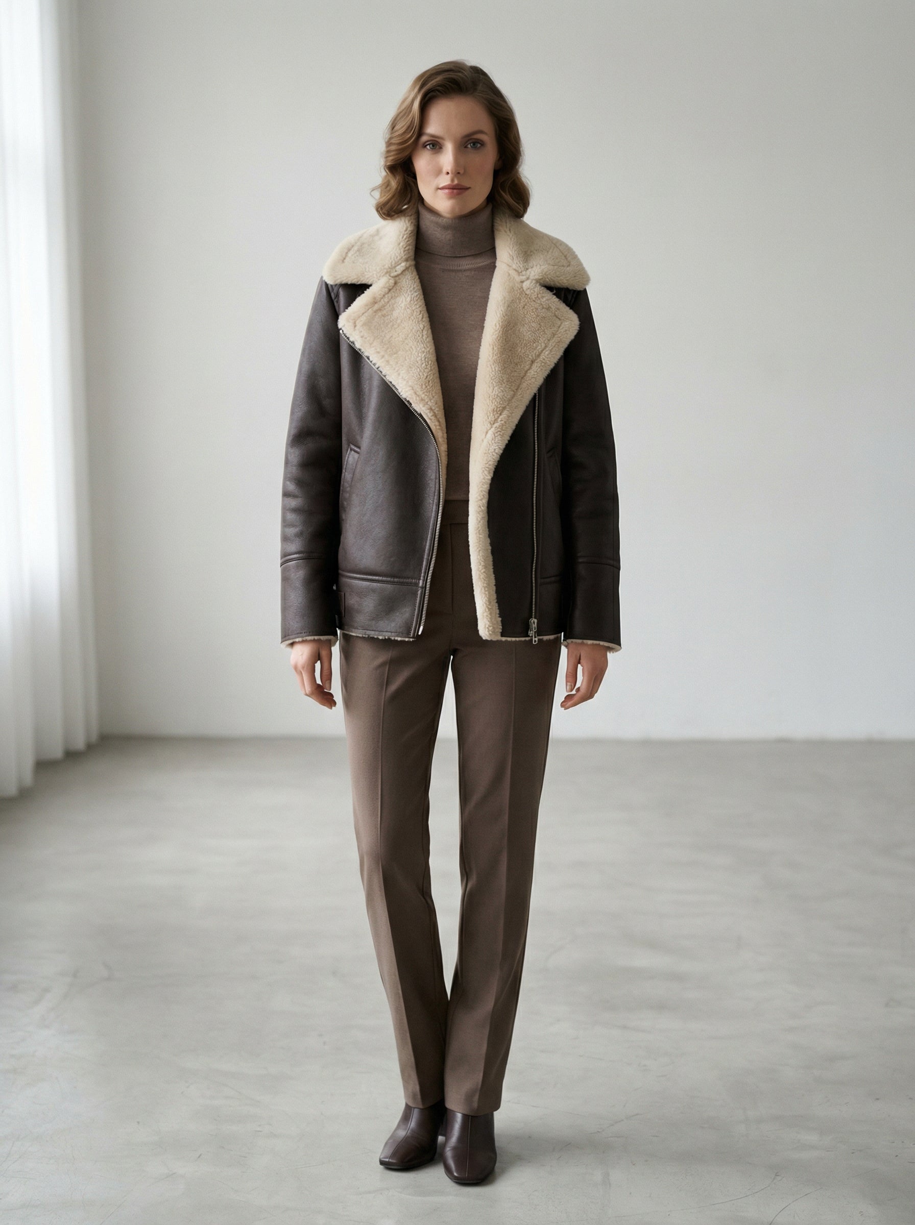 Faux Leather Jacket with Shearling Lapel in Dark Brown