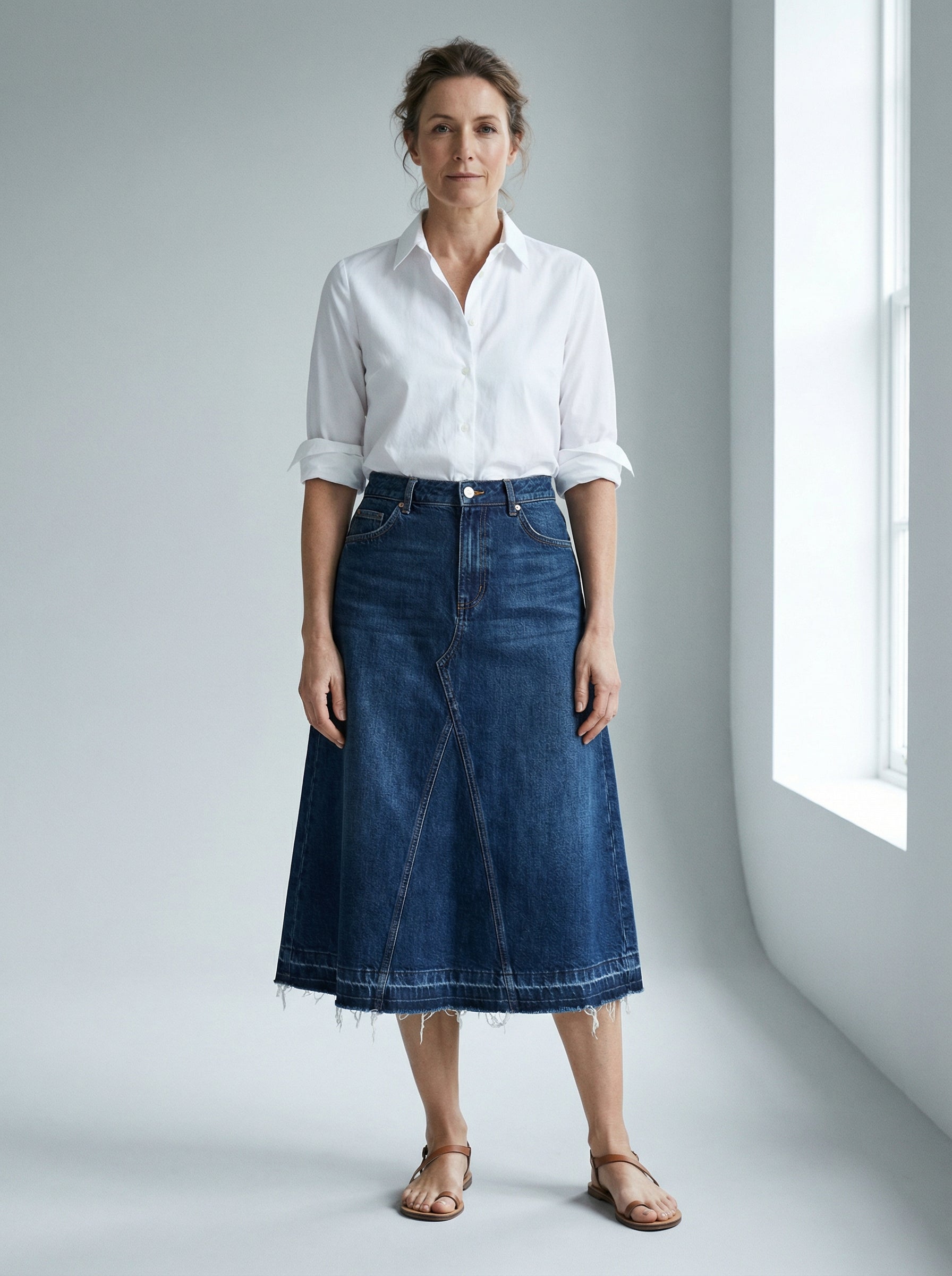 A-Line Denim Skirt with Distressed Hem