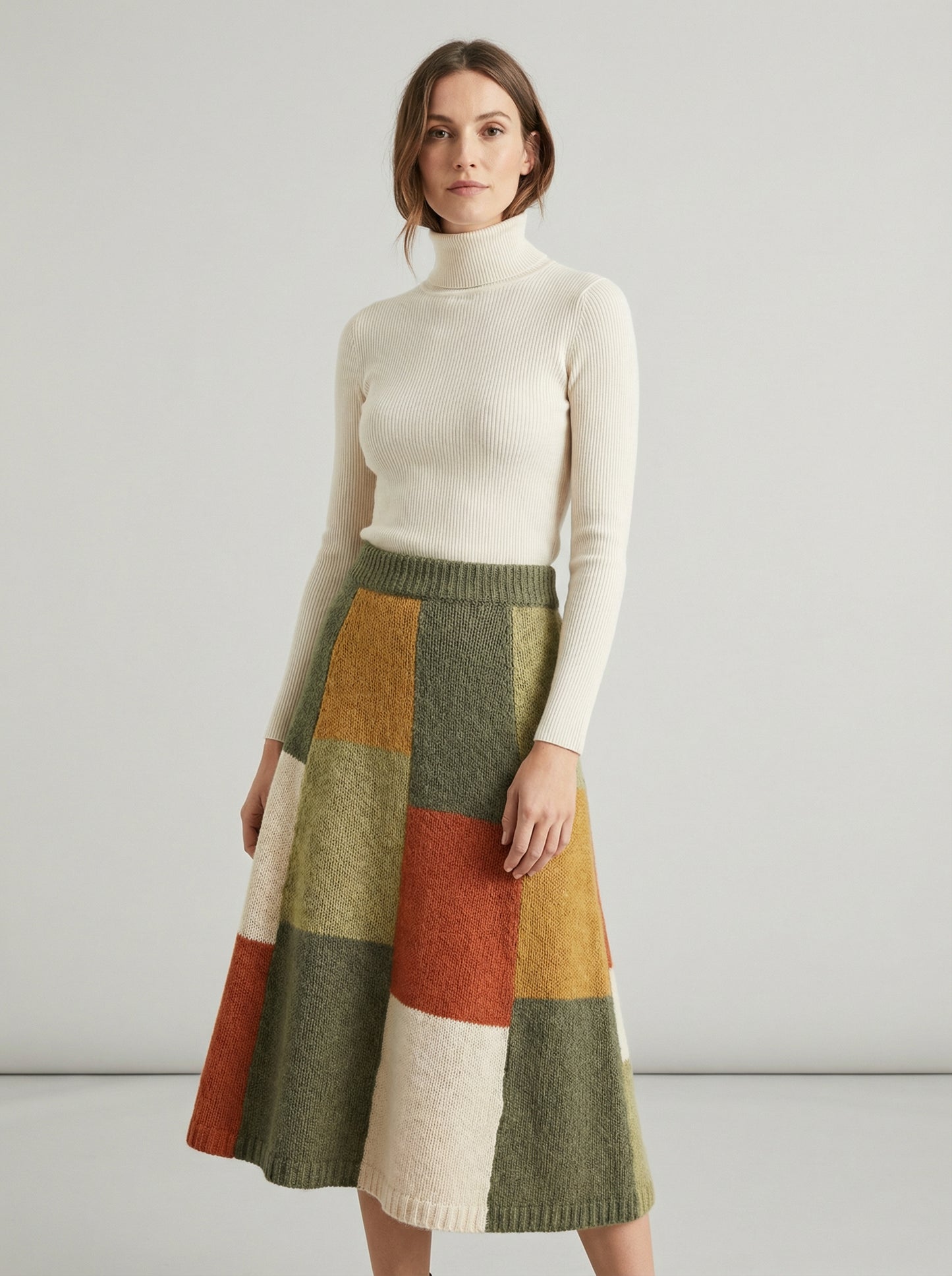 Knitted Patchwork A-Line Skirt in Earth Tones