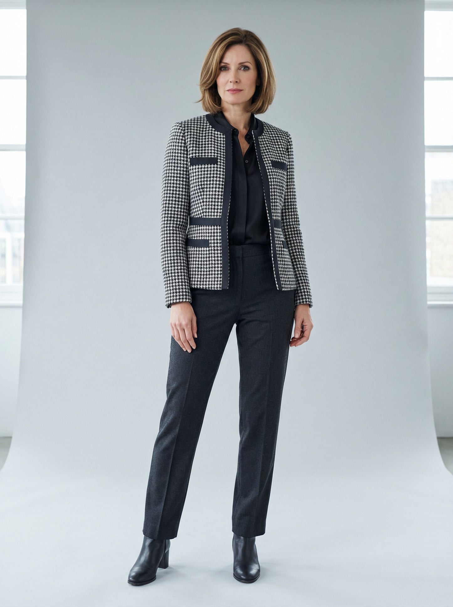 Tweed Woollen Jacket with Webbing Details in Houndstooth