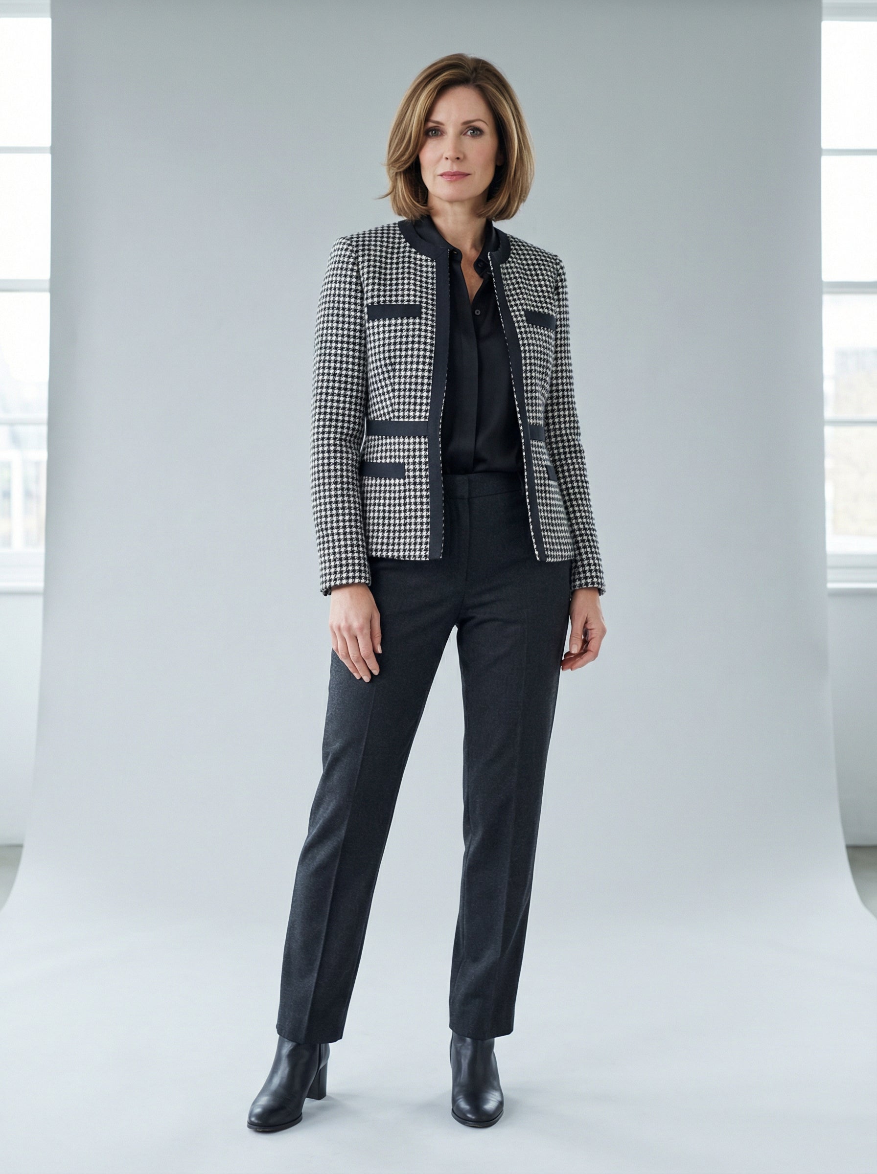 Tweed Woollen Jacket with Webbing Details in Houndstooth