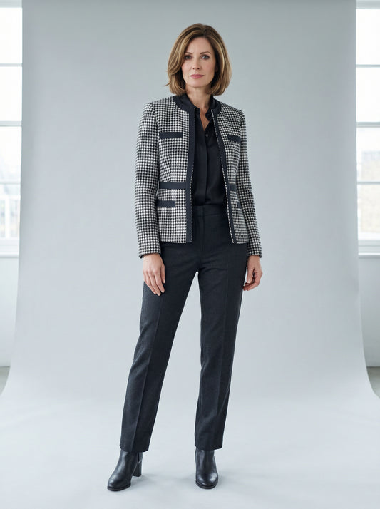 Tweed Woollen Jacket with Webbing Details in Houndstooth